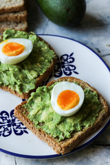 Toast with avocado and egg, bread slice with avocado and egg