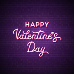 Happy Valentines Day. Neon wire lettering inscription on violet brick wall. Glowing pink cable illuminated text. Valentine's card design decoration. Bright vector illustration in 1980 style.