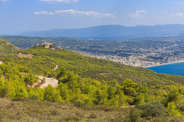 distant view on Prophet Elias monastery near Loutraki, Corinthia