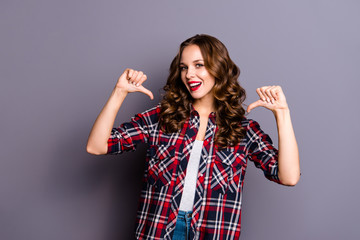 Portrait of nice-looking cute attractive lovely pretty charming cheerful cheery wavy-haired lady recommending her self isolated over gray pastel background