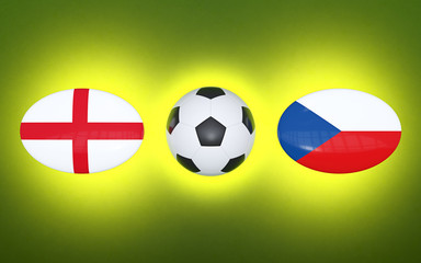 European Football Championship 2020. Schedule football matches England - Czech Republic. Flags of countries and soccer ball. 3D illustration.