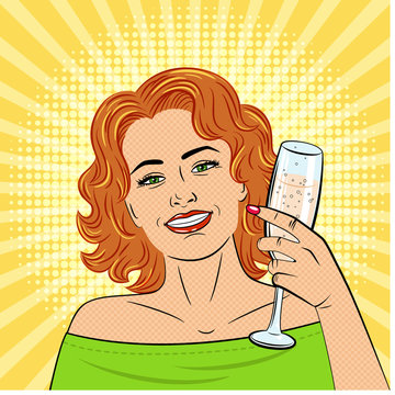 A beautiful young woman holds in her hand a glass of champagne . Drawn in the style of pop art. The girl smiles. Retro.