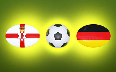 Obraz premium European Football Championship 2020. Schedule for football matches Northern Ireland - Germany. Flags of countries and soccer ball. 3D illustration.