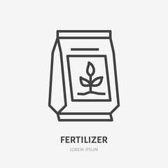 Soil fertilizer in bag flat line icon. Vector thin sign of ground, plant fertilization