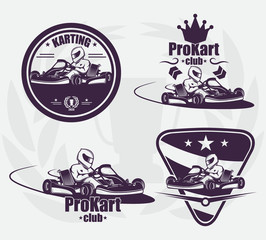 set for go-karting emblem. The race in a helmet. extreme sport. raster copy