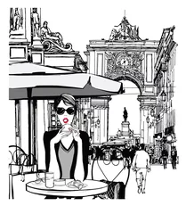Poster Vrouw aan het ontbijten in de straat van Lissabon © Isaxar