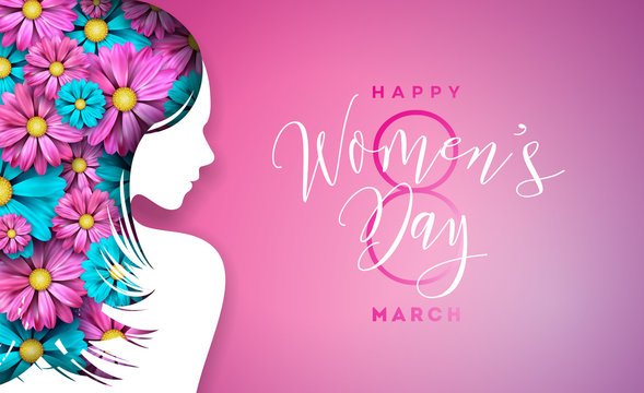 Happy Womens Day Floral Greeting Card Design. International Female Holiday Illustration with Women Silhouette, Flower and Typography Letter Design on Pink Background. Vector International 8 March