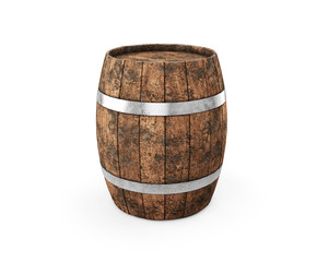 Fototapeta premium Wooden barrel with iron hoops isolated on white background. 3d rendering. Old barrel with rust on the hoops. Front view