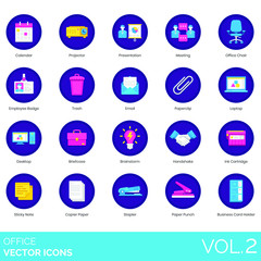 Office icons including calendar, projector, presentation, meeting, chair, employee badge, trash, email, paperclip, laptop, desktop, briefcase, brainstorm, handshake, ink cartridge, sticky note, copier