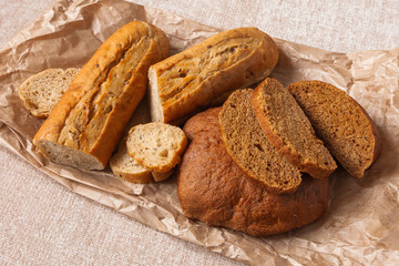 bread ciabatta slices food background brown paper canvas wheat bran graine yeast leaven