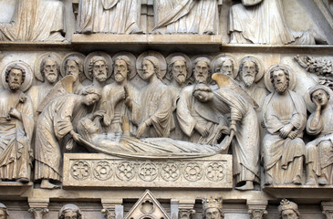 Notre Dame Cathedral, Paris. The Portal of the Virgin. Death of the Virgin Mary