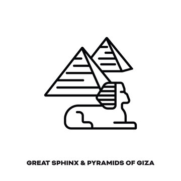 Great Sphinx and pyramids of Giza, Egypt, vector line icon.