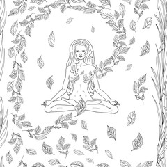 seamless pattern with lovely yoga girl and leaves in nature hand drawn vector illustration
