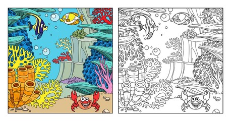 Underwater world with fishes, crab, corals and anemones color and outlines for coloring page on white background
