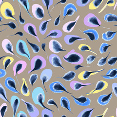 Abstract feathers seamless background pattern. Waterclor illustration hand drawn. Vector.