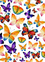 Vertical background for a banner, cards, invitations from small multi-colored butterflies. Watercolor drawing. Fluttering moths.