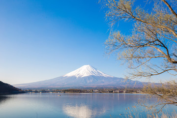 Fuji mountain and lake Kawaguchigo morning reflection nature landscape