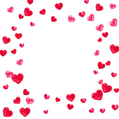 Heart frame for Valentines day with red glitter. February 14th day. Vector confetti for heart frame template. Grunge hand drawn texture. Love theme for gift coupons, vouchers, ads, events.
