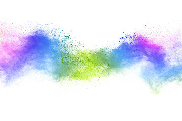 Abstract powder splatted background. Colorful dust explode. Paint Holi.