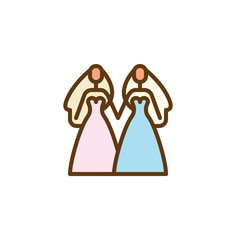 Two lesbian women's marriage flat icon, vector sign, colorful pictogram isolated on white. Lesbian weddings symbol, logo illustration. Flat style design