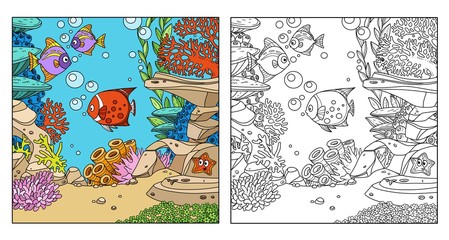 Underwater world with corals, fishes, cute starfish and anemones color and outlined isolated on white background