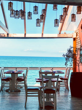 Bar tables with sea view In Chersonisos