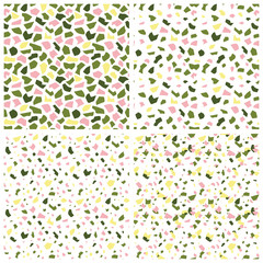 Set of four seamless repeat patterns in terrazzo style. Mosaic seamless paper in green, pink, blue colors.