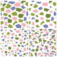 Set of four seamless repeat patterns in terrazzo style. Mosaic seamless paper in green, pink, blue colors.