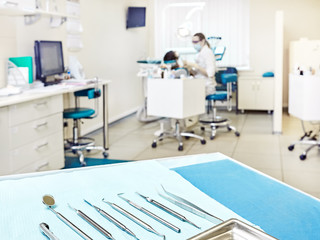 Closeup of dental instruments in a dental clinic