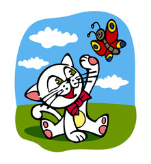 kitten playing with butterfly on meadow, color icon