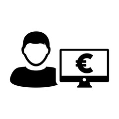 User icon vector male person avatar with computer monitor screen and euro sign in flat color in Glyph Pictogram Symbol illustration