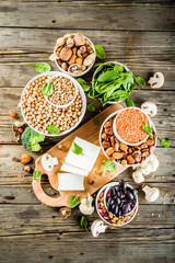 Healthy plant vegan food, veggie protein sources: Tofu, vegan milk, beans, lentils, nuts, soy milk,...