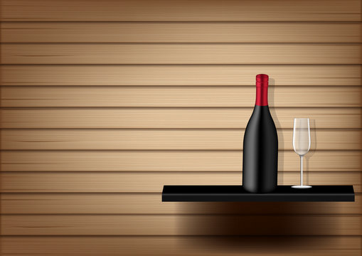 Mock up Realistic Wine Bottle and Glass  on Abstract Wood Background Illustration Vector