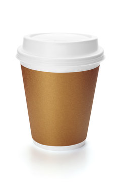  Disposable paper coffee cup with plastic lid.