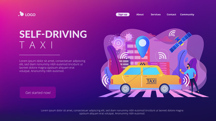Businessman with smartphone taking driverless taxi with sensors and location pin. Autonomous taxi, self-driving taxi, on-demand car service concept. Website vibrant violet landing web page template.