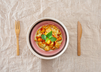 Dish made with cooked duck meat, dehydrated potato, fresh cream of mushroom and cheese