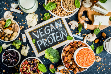 Healthy plant vegan food, veggie protein sources: Tofu, vegan milk, beans, lentils, nuts, soy milk,...