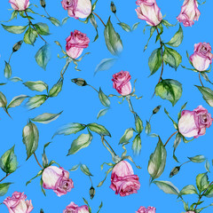 Beautiful pink roses and green leaves on blue background. Seamless floral pattern. Watercolor painting. Hand drawn and painted illustration. © katiko2016