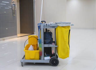 Closeup of cleaning equipment and tools, janitorial for floor cleaning.