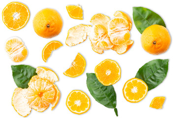 Slices of tangerine or orange. Fruit background. Flat lay, isolated on white background. Food background. Top view