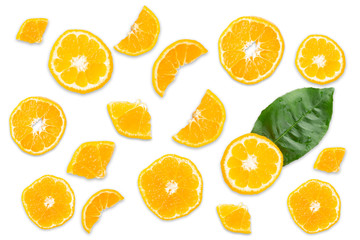 Slices of tangerine or orange. Fruit background. Flat lay, isolated on white background. Food background. Top view