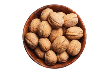 Whole nuts in shells in round container with empty copy space. Walnuts in wooden bowl isolated on white studio background. 