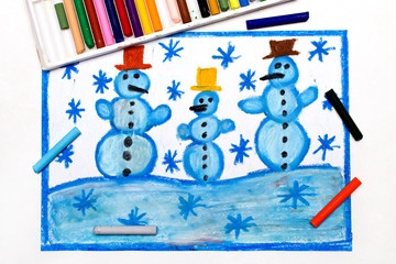 colorful hand drawing: tree happy snowmans and snowflakes. Winter time