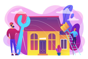 Handyman with big wrench repairing house and painting with paintbrush. DIY repair, do it yourself service, self-service learning concept. Bright vibrant violet vector isolated illustration