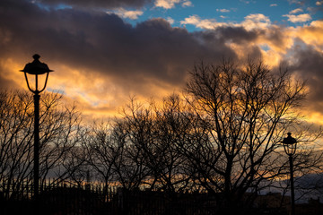 Blue sky with coloured clouds and silouhette of trees