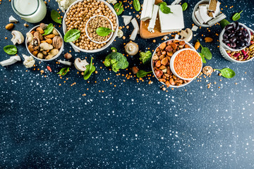 Healthy plant vegan food, veggie protein sources: Tofu, vegan milk, beans, lentils, nuts, soy milk, spinach and seeds. Dark blue concrete background copy space