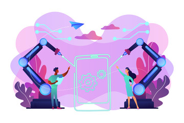 Lazer beams drawing outline of smartphone and engineers, tiny people. Laser technologies, optical communication systems, medical laser use concept. Bright vibrant violet vector isolated illustration