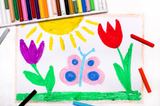 Colorful hand drawing: spring meadow with beautiful flowers and butterflies