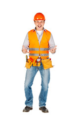 Portrait of a male builder in a helmet  looking at camera over white wall background. repair,...