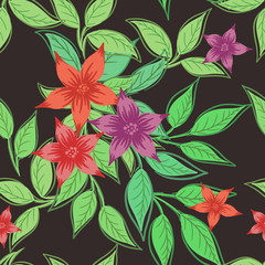 Beautiful print with flowers and leaves on a dark gray background